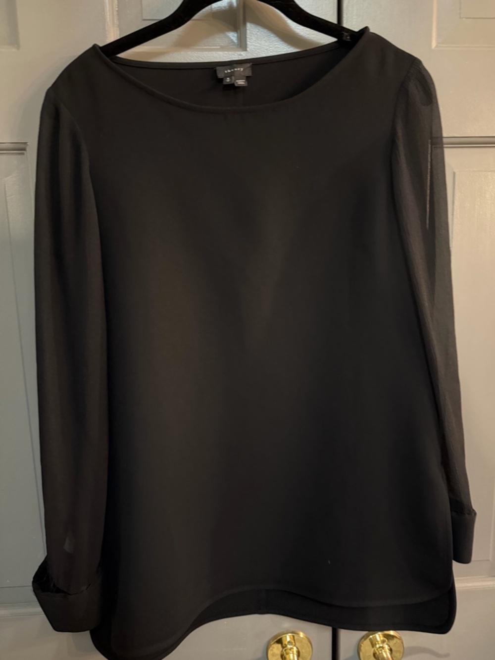 Theory Black Sheer-Sleeve Round-Neck Blouse SP